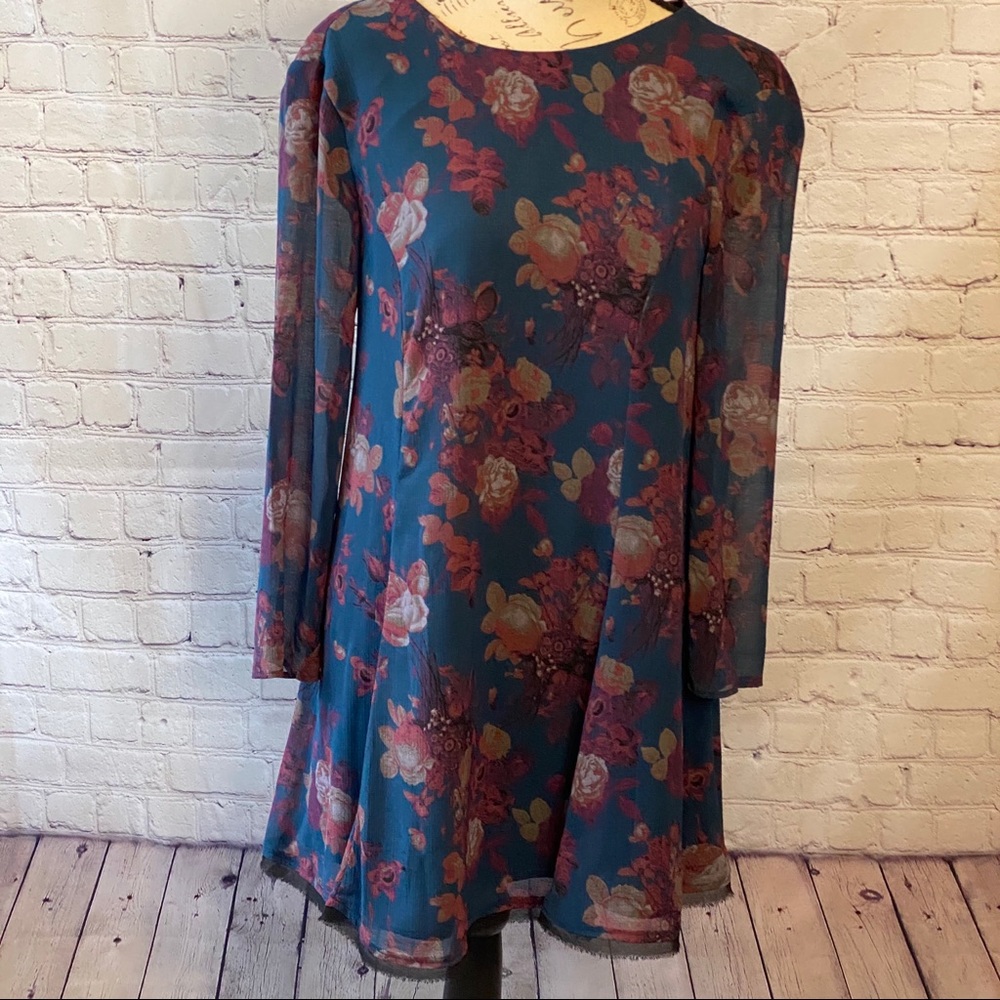 Kimchi Blue teal floral Aline tunic long sleeve S